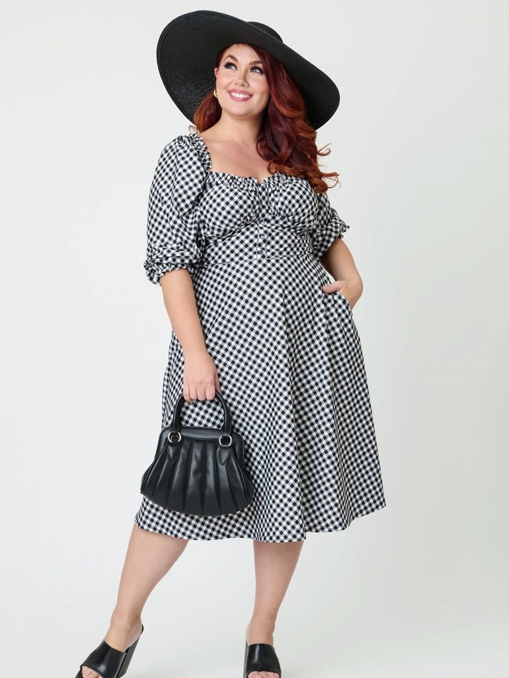 Unique Vintage Black & White Gingham Peasant Dress